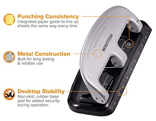 Bostitch Office EZ Squeeze 3-Hole Punch, 20 Sheet Capacity, Reduced Effort, No Jam Technology , Silver