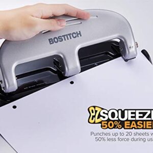 Bostitch Office EZ Squeeze 3-Hole Punch, 20 Sheet Capacity, Reduced Effort, No Jam Technology , Silver