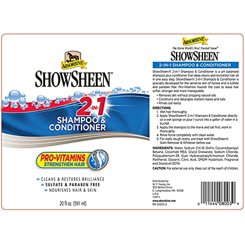 Absorbine ShowSheen 2-in-1 Shampoo & Conditioner, Sulfate and Paraben-Free, 20oz