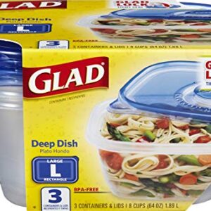 GladWare Deep Dish Food Storage Containers | Large Rectangle Food Storage, Food Containers Hold up to 64 Ounces of Food | Glad Containers with Glad Lock Tight Seal, 3 Count, Standard