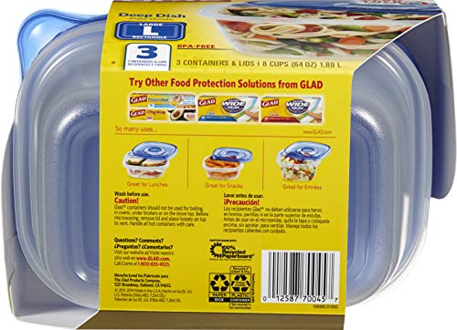 GladWare Deep Dish Food Storage Containers | Large Rectangle Food Storage, Food Containers Hold up to 64 Ounces of Food | Glad Containers with Glad Lock Tight Seal, 3 Count, Standard