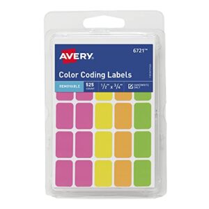avery removable color coding labels, rectangular, assorted colors, pack of 525 (6721)