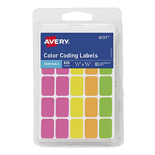 Avery Removable Color Coding Labels, Rectangular, Assorted Colors, Pack of 525 (6721)