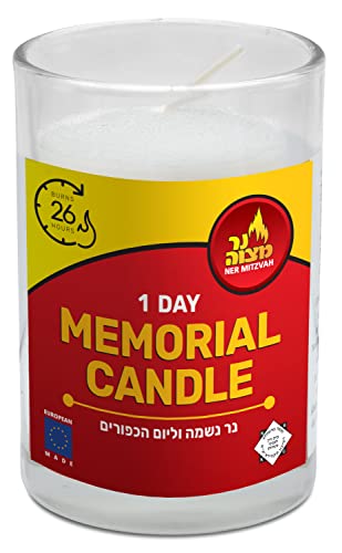 Ner Mitzvah Yahrzeit Memorial Candles - 1 Day Yahrzeit Candle - Yartzeit Candles 24 Hour Yom Kippur Jewish Candles in Glass Tumbler - 1 Pack