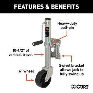 CURT 28100 Marine Boat Trailer Jack with 6-Inch Wheel, 1,000 lbs. 10-1/2 Inches Vertical Travel, Silver