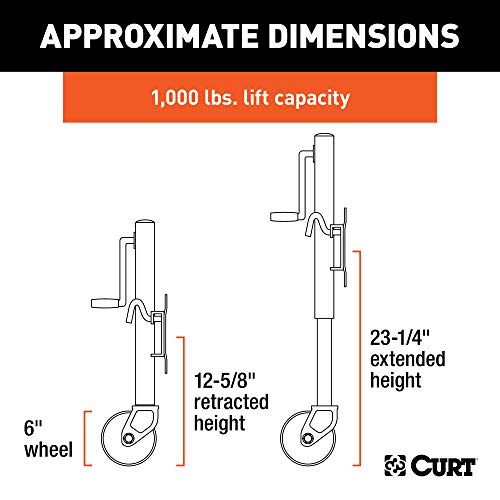 CURT 28100 Marine Boat Trailer Jack with 6-Inch Wheel, 1,000 lbs. 10-1/2 Inches Vertical Travel, Silver