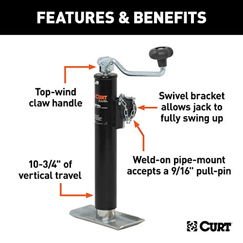 CURT 28350 Weld-On Pipe-Mount Swivel Trailer Jack, 5,000 lbs. 10-3/4 Inches Vertical Travel, CARBIDE BLACK POWDER COAT