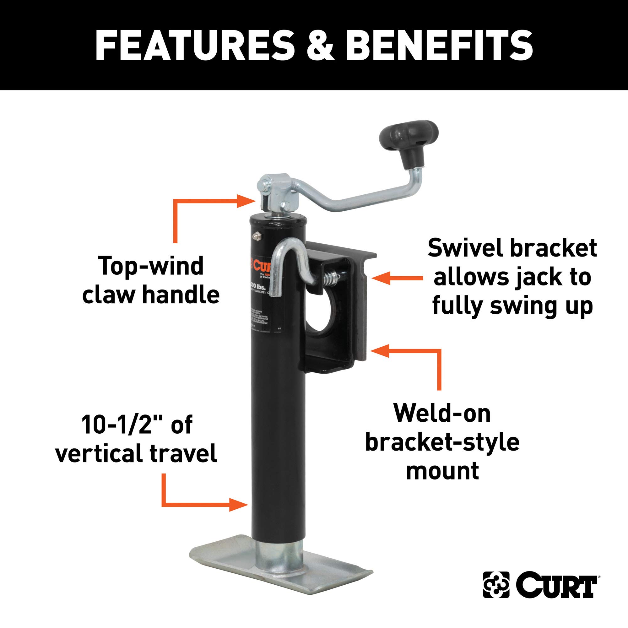 CURT 28300 Weld-On Bracket-Style Swivel Trailer Jack, 2,000 lbs. 10-1/2 Inches Vertical Travel, CARBIDE BLACK POWDER COAT