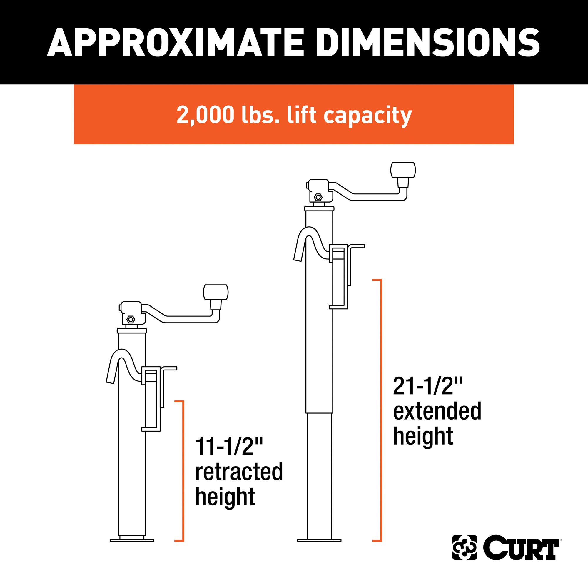 CURT 28300 Weld-On Bracket-Style Swivel Trailer Jack, 2,000 lbs. 10-1/2 Inches Vertical Travel, CARBIDE BLACK POWDER COAT