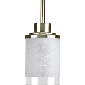 progress lighting p5147-09 1-light mini-pendant with white linen finished glass is complemented with a clear edge accent strip, brushed nickel