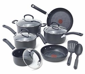 t-fal ultimate hard anodized nonstick cookware set 12 piece pots and pans, dishwasher safe grey