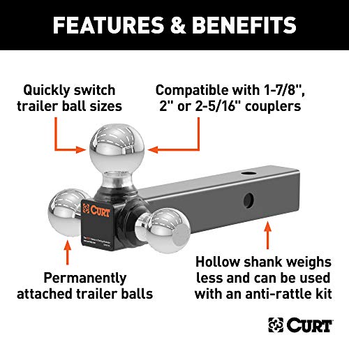 CURT 45001 Multi-Ball Trailer Hitch Ball Mount, 1-7/8, 2, 2-5/16-Inch Balls, Fits 2-Inch Receiver, 10,000 lbs