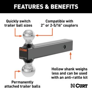 CURT 45002 Multi-Ball Trailer Hitch Ball Mount, 2, 2-5/16-Inch Balls, Fits 2-Inch Receiver, 10,000 lbs