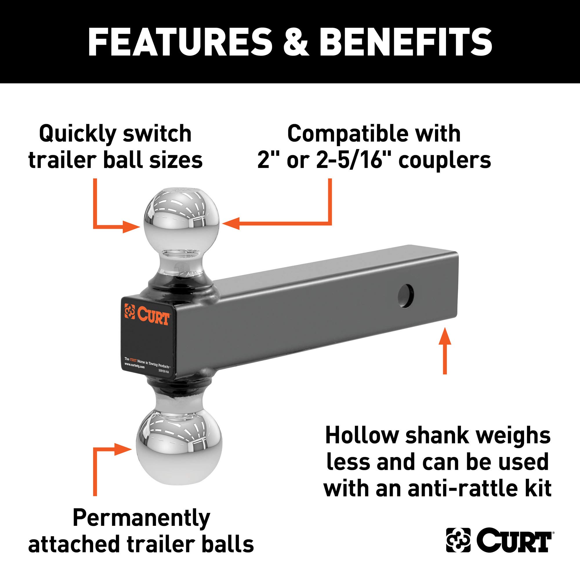 CURT 45002 Multi-Ball Trailer Hitch Ball Mount, 2, 2-5/16-Inch Balls, Fits 2-Inch Receiver, 10,000 lbs