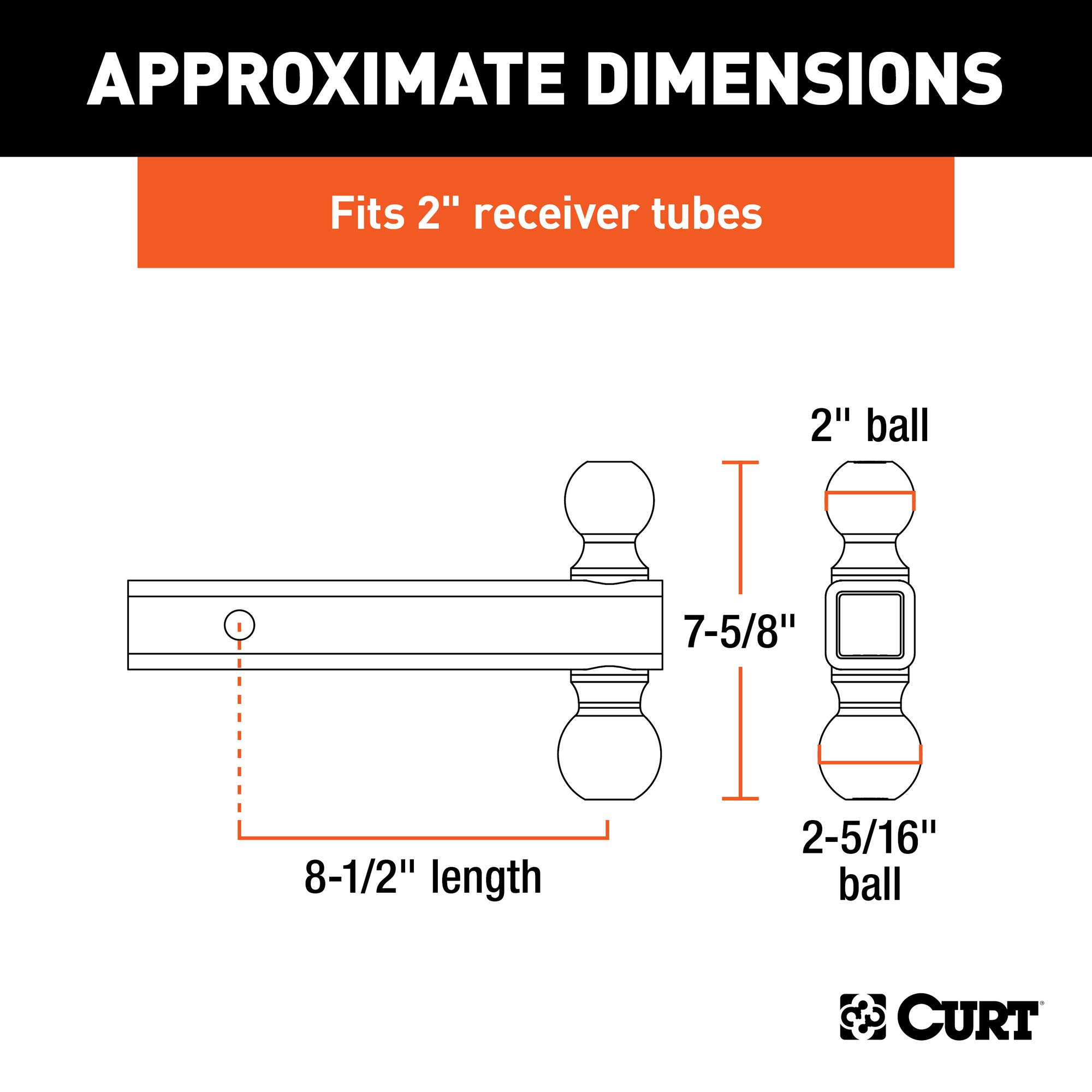 CURT 45002 Multi-Ball Trailer Hitch Ball Mount, 2, 2-5/16-Inch Balls, Fits 2-Inch Receiver, 10,000 lbs