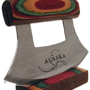 Multi-Colored Exotic Wood Handled Ulu with Stand