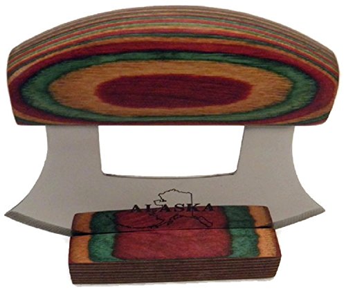 Multi-Colored Exotic Wood Handled Ulu with Stand