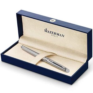 waterman hémisphère rollerball pen, stainless steel with chrome trim, fine point with black ink cartridge, gift box