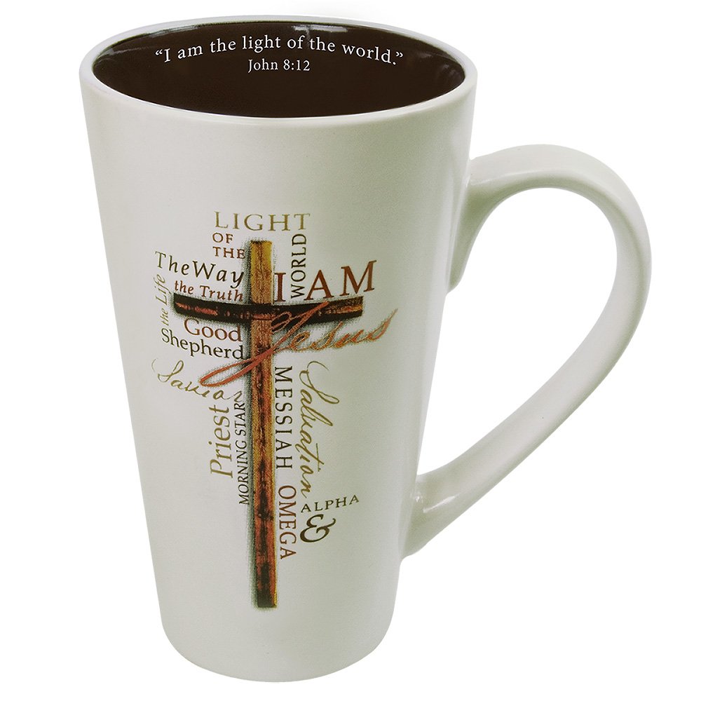 Christian Art Gifts Tall Stoneware Coffee/Tea Mug Light of The World John 8:12 Bible Verse - Names of Jesus Mug For Men and Women 16oz Cream Ceramic Cup with Large Handle