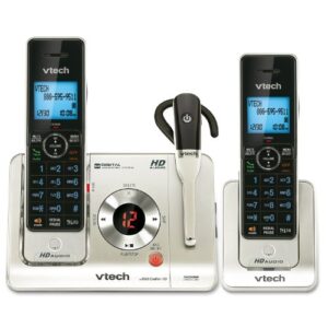vtech ls6475-3 dect 6.0 expandable cordless phone with answering system and dect cordless headset, silver with 2 handsets and 1 headset, silver/black