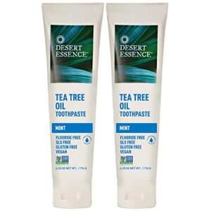 desert essence tea tree oil toothpaste - mint - 6.25 oz - pack of 2 - refreshing taste - deep cleans teeth & gums - helps fight plaque - sea salt - pure essential oil - baking soda