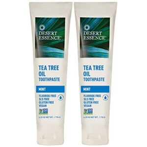 Desert Essence Tea Tree Oil Toothpaste - Mint - 6.25 Oz - Pack of 2 - Refreshing Taste - Deep Cleans Teeth & Gums - Helps Fight Plaque - Sea Salt - Pure Essential Oil - Baking Soda