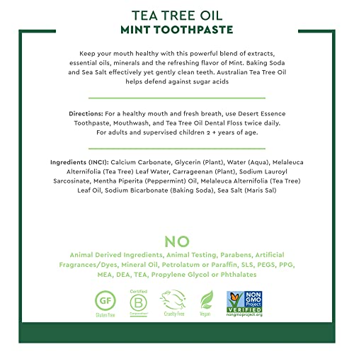 Desert Essence Tea Tree Oil Toothpaste - Mint - 6.25 Oz - Pack of 2 - Refreshing Taste - Deep Cleans Teeth & Gums - Helps Fight Plaque - Sea Salt - Pure Essential Oil - Baking Soda