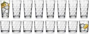 home essentials & beyond drinking glasses set of 16 8 highball glasses (17 oz.), 8 rocks whiskey glass cups (13 oz.), inner circular lensed glass cups for water, juice and cocktails.