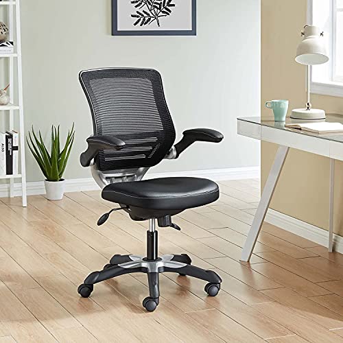 Modway Edge Mesh Back and White Vinyl Seat Office Chair With Flip-Up Arms - Computer Desks in Black