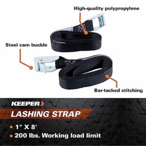 Keeper - 1" x 8' Cargo Lashing Strap, 2 Pack - 200 lbs. Working Load Limit And 600 lbs. Break Strength, Pack of 2