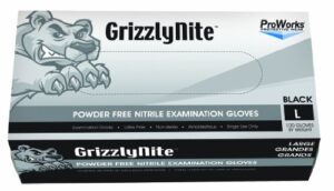 hospeco proworks grizzlynite gl-n105fl exam grade nitrile glove, powder free, disposable, 9.5" length, 4.3 mil thick, large (pack of 100),black