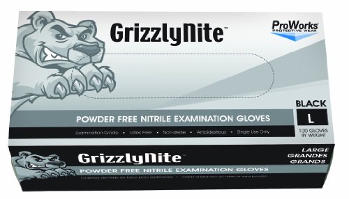 Hospeco ProWorks GrizzlyNite GL-N105FL Exam Grade Nitrile Glove, Powder Free, Disposable, 9.5" Length, 4.3 mil Thick, Large (Pack of 100),Black