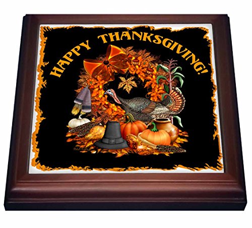 3dRose Thanksgiving Featuring a Wild Turkey, Native American and Pilgrim Themes, The Fall Harvest and More Trivet with Ceramic Tile, 8 x 8", Brown
