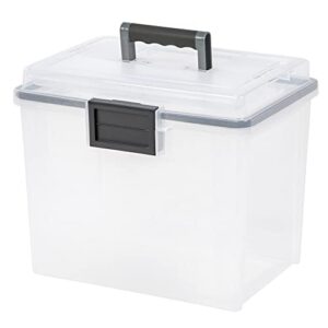 iris usa 19 quart weatherpro plastic office storage portable letter size file box with organizer-lid and seal and secure latching buckles, weathertight, clear with black buckle, 1 pack