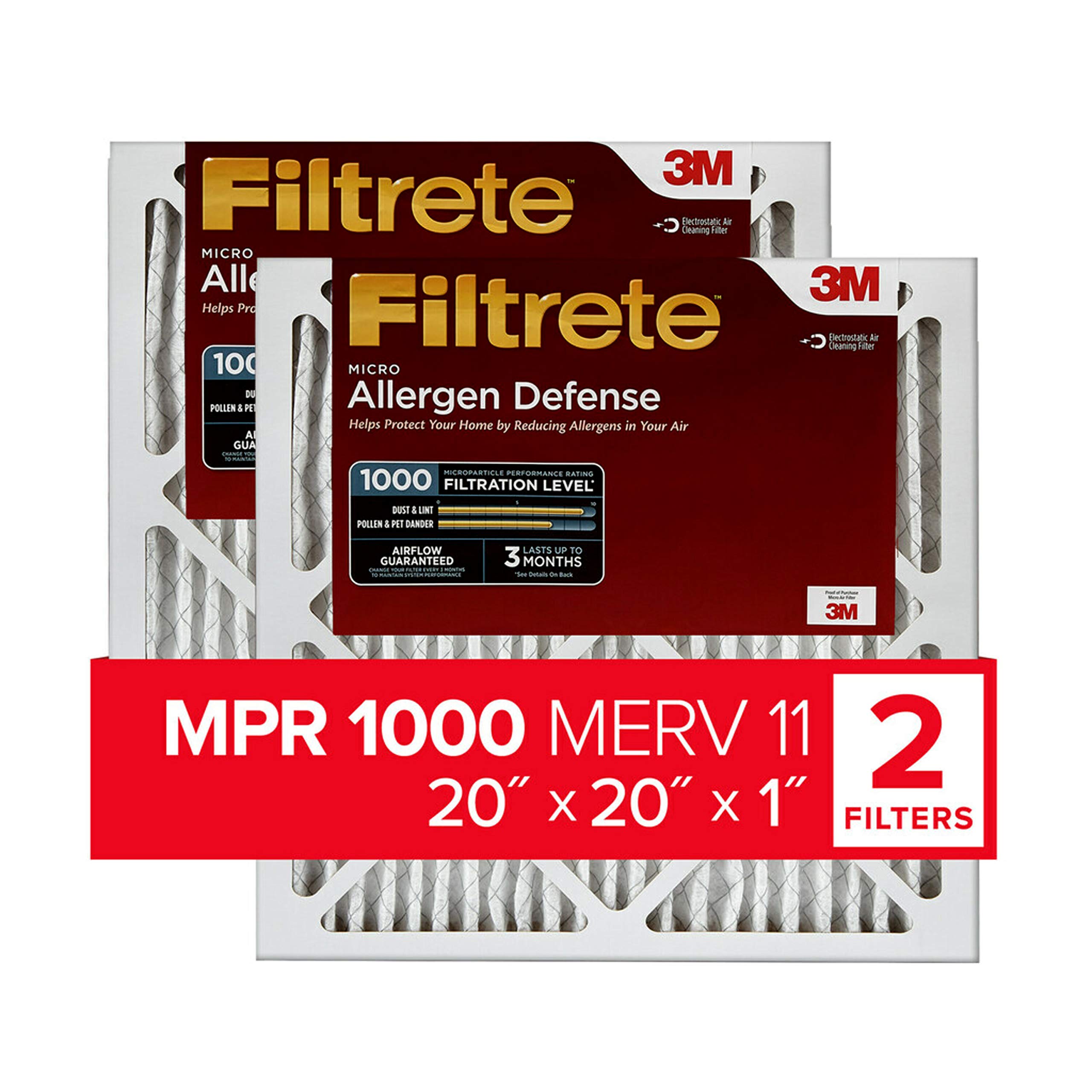 Filtrete 20x20x1 Air Filter, MPR 1000, MERV 11, Micro Allergen Defense 3-Month Pleated 1-Inch Air Filters, 2 Filters