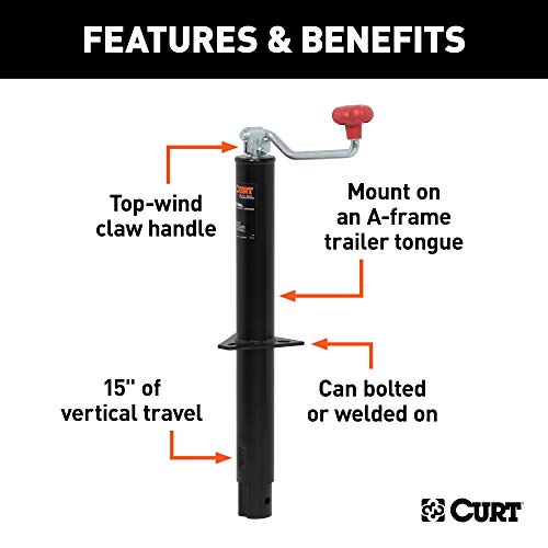 CURT 28255 A-Frame Trailer Jack, 5,000 lbs, 15 Inches Vertical Travel, CARBIDE BLACK POWDER COAT