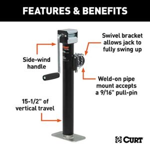 CURT 28358 Weld-On Pipe-Mount Swivel Trailer Jack, 5,000 lbs. 15-1/2 Inches Vertical Travel, black