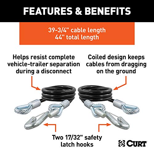 CURT 80176 44-Inch Vinyl-Coated Trailer Safety Cables, 17/32-In Snap Hooks, 7,500 lbs Break Strength, Pack of 2 , Black