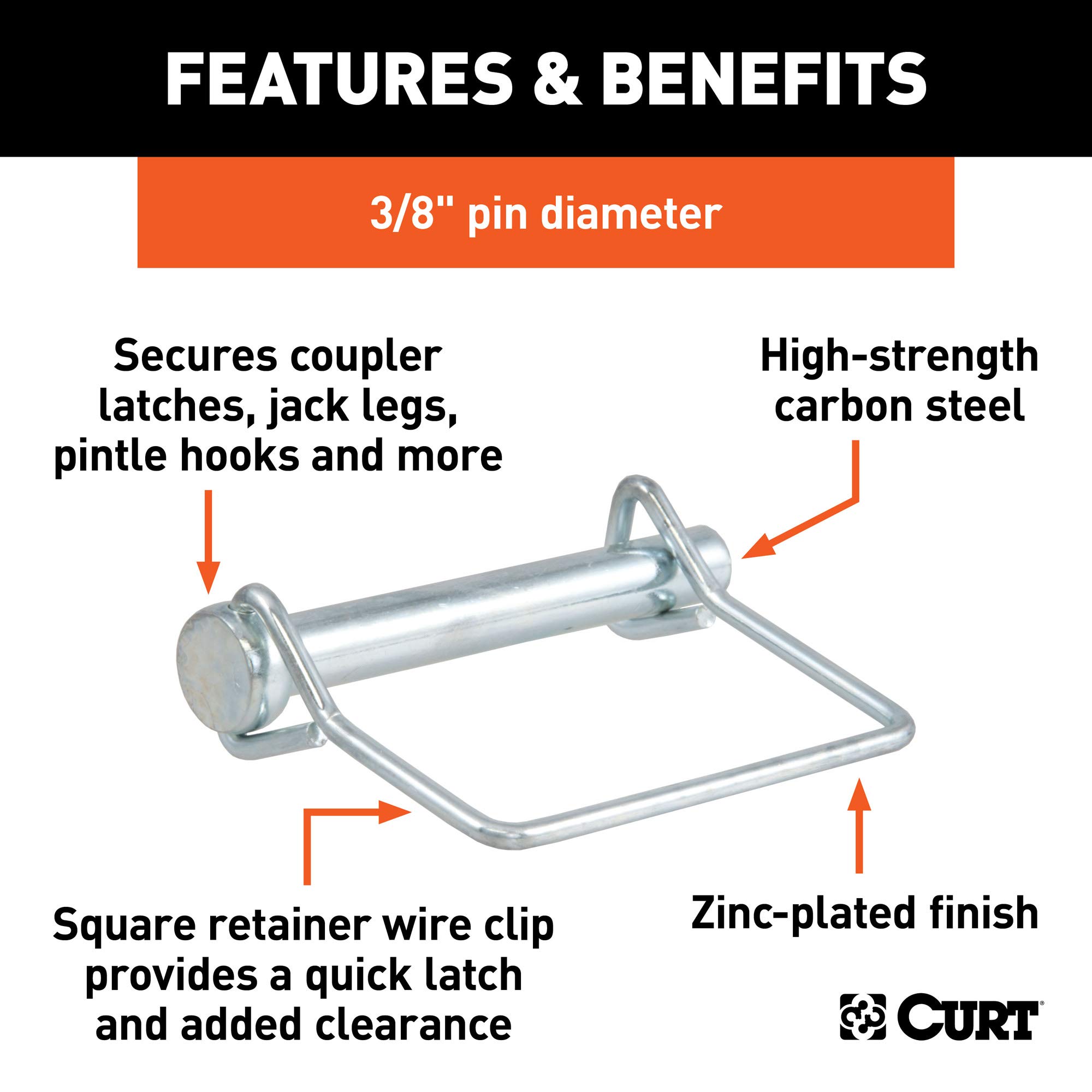 CURT 28278 Trailer Coupler Pin, 3/8-Inch Diameter x 2-3/4-Inch Long, Clear ZINC