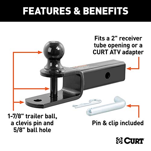 CURT 45005 3-in-1 ATV Trailer Hitch Mount, 1-7/8-Inch Ball, Clevis Pin, 5/8-Inch Hole, Fits 2-Inch Receiver, Gloss Black