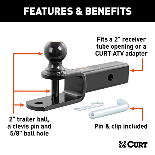 CURT 45009 3-in-1 ATV Trailer Hitch Mount, 2-Inch Ball, Clevis Pin, 5/8-Inch Hole, Fits 2-Inch Receiver, Gloss Black Powder Coat