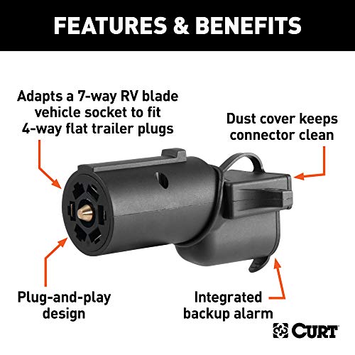 CURT 57724 7-Way RV Blade Vehicle-Side to 4-Way Flat Trailer Wiring Adapter with Backup Alarm , Black