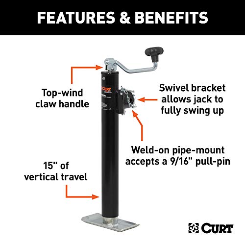 CURT 28356 Weld-On Pipe-Mount Swivel Trailer Jack, 5,000 lbs. 15 Inches Vertical Travel, CARBIDE BLACK POWDER COAT