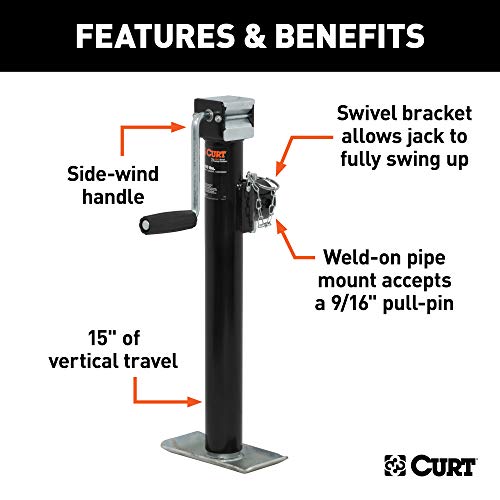 CURT 28324 Weld-On Pipe-Mount Swivel Trailer Jack, 2,000 lbs. 15 Inches Vertical Travel, CARBIDE BLACK POWDER COAT