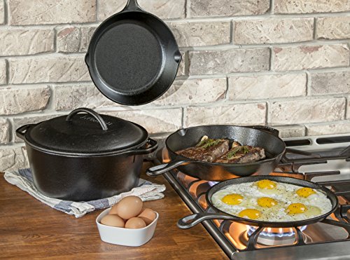 Lodge Seasoned Cast Iron 5 Piece Bundle. 10.5" Griddle, 8" Skillet, 10.25" Skillet, 10.25" Dutch Oven, and 10.25" Lid