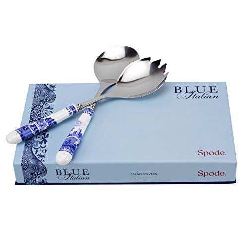 Spode Blue Italian Collection Salad Servers | 2 Piece Spoon and Fork Set | 10 Inch | Blue and White | Made of Porcelain and Stainless Steel | Italian Countryside Design