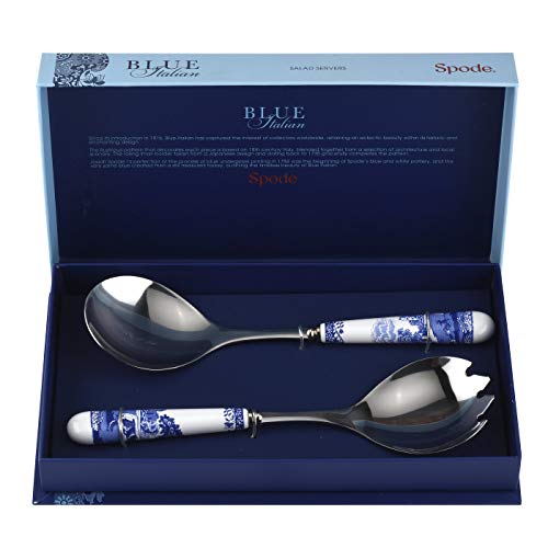 Spode Blue Italian Collection Salad Servers | 2 Piece Spoon and Fork Set | 10 Inch | Blue and White | Made of Porcelain and Stainless Steel | Italian Countryside Design