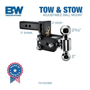 B&W Trailer Hitches Tow & Stow Adjustable Trailer Hitch Ball Mount with Browning Logo - Fits 2" Receiver, Dual Ball (2" x 2-5/16"), 3" Drop, 10,000 GTW - TS10033BB