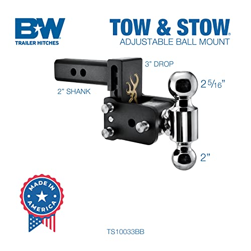 B&W Trailer Hitches Tow & Stow Adjustable Trailer Hitch Ball Mount with Browning Logo - Fits 2" Receiver, Dual Ball (2" x 2-5/16"), 3" Drop, 10,000 GTW - TS10033BB