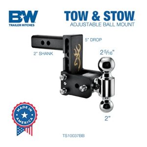 B&W Trailer Hitches Tow & Stow Adjustable Trailer Hitch Ball Mount with Browning Logo - Fits 2" Receiver, Dual Ball (2" x 2-5/16"), 5" Drop, 10,000 GTW - TS10037BB